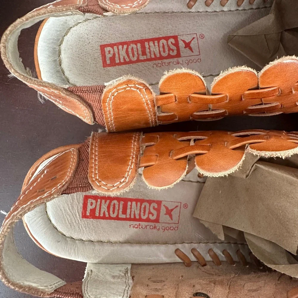 Pikolinos Tan Woven Leather Huarache Low Wedge Sling Back Shoes Size 39 Comfort